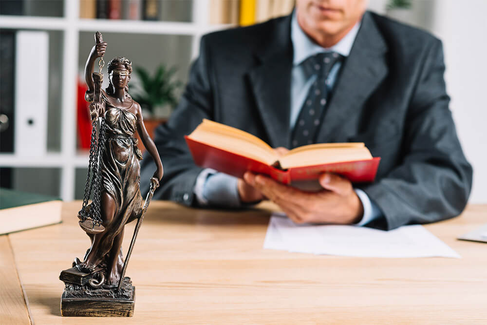 A figurine and a man reading a book